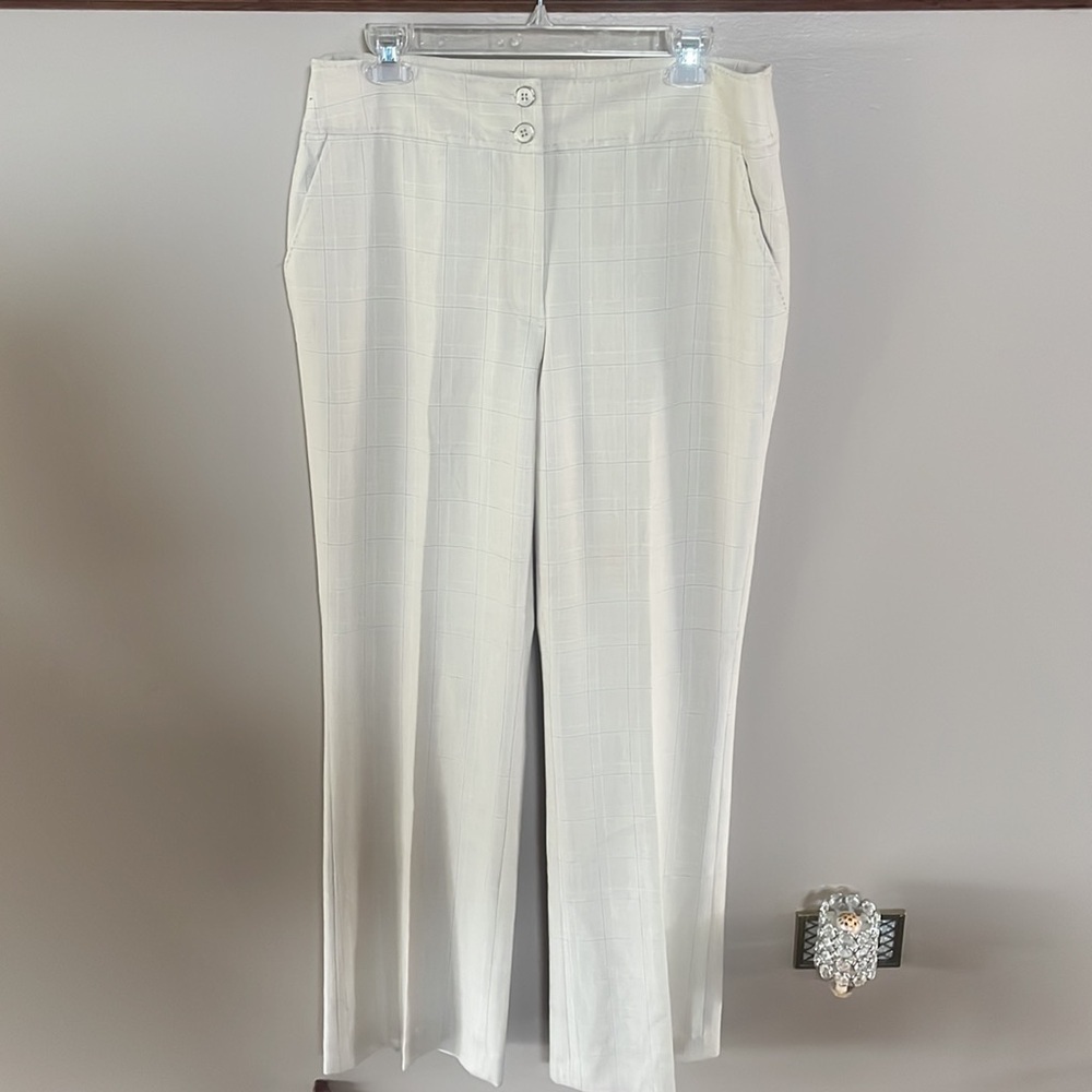 Cass women’s luxury rayon poly stretch cream faded plaid slacks trousers zip 12